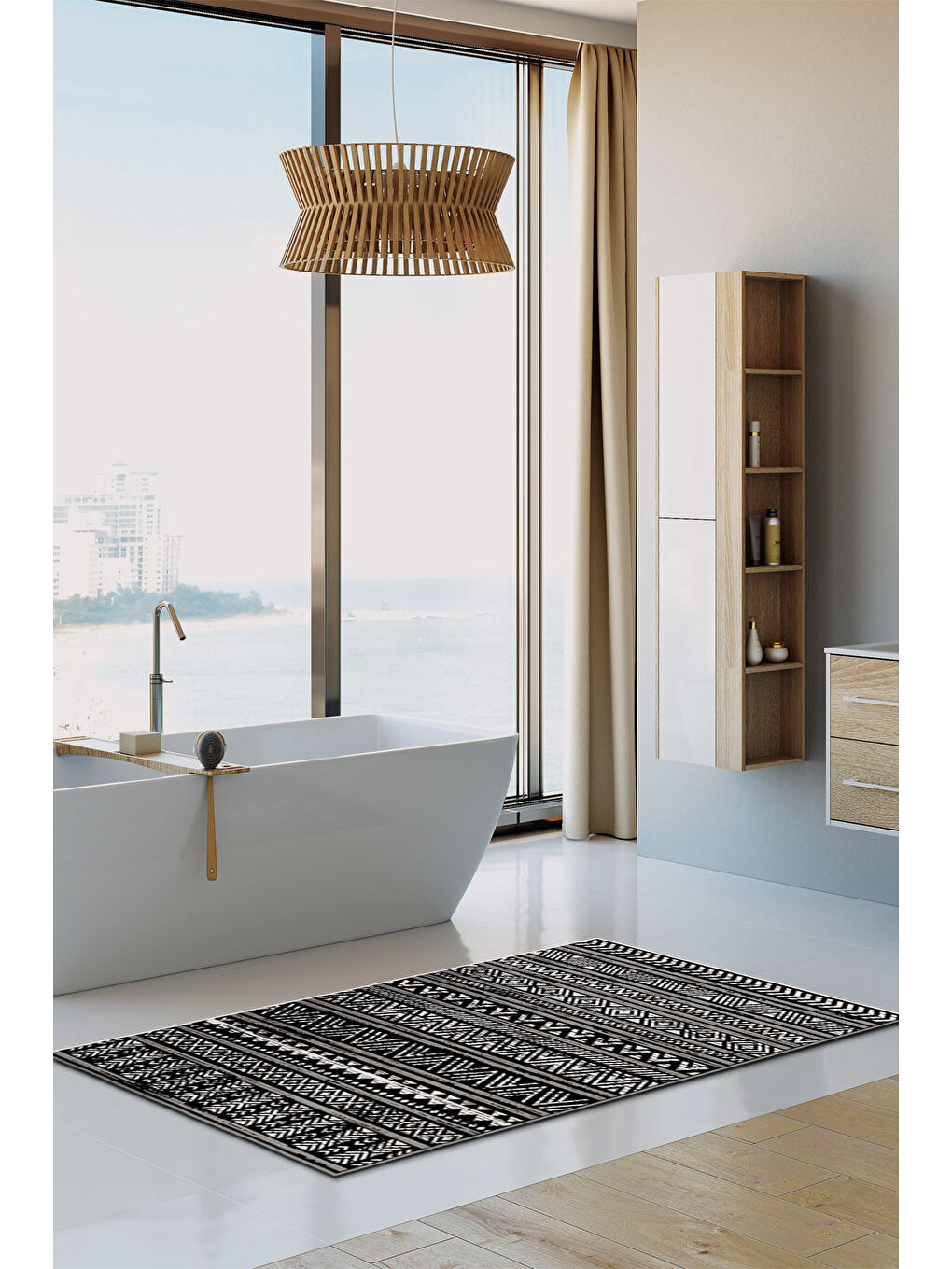 Siyah Dekoratif Özel Tasarım Yıkanabilir İnce Kaymaz Tabanlı Modern Halı KECE FR14-3