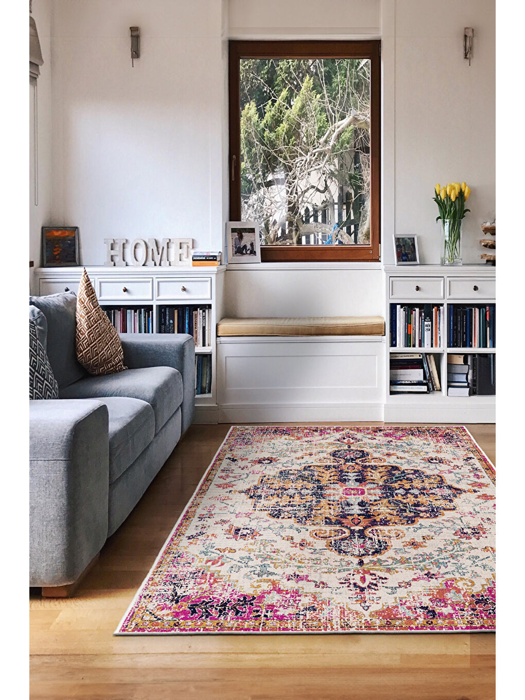 Pembe Dekoratif Özel Tasarım Yıkanabilir İnce Kaymaz Tabanlı Modern Halı KECE FR15-1