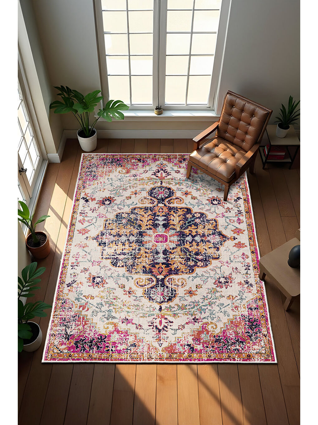 Pembe Dekoratif Özel Tasarım Yıkanabilir İnce Kaymaz Tabanlı Modern Halı KECE FR15-2