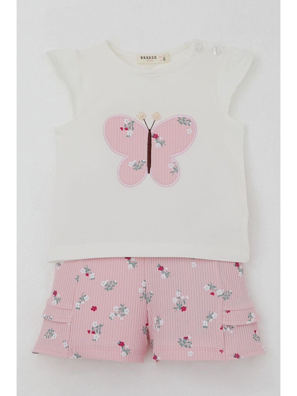 Kız Bebek Şortlu Takım Çiçek Baskılı Kelebek Nakışlı Düğme Aksesuarlı Ekru (6 Ay-2 Yaş)