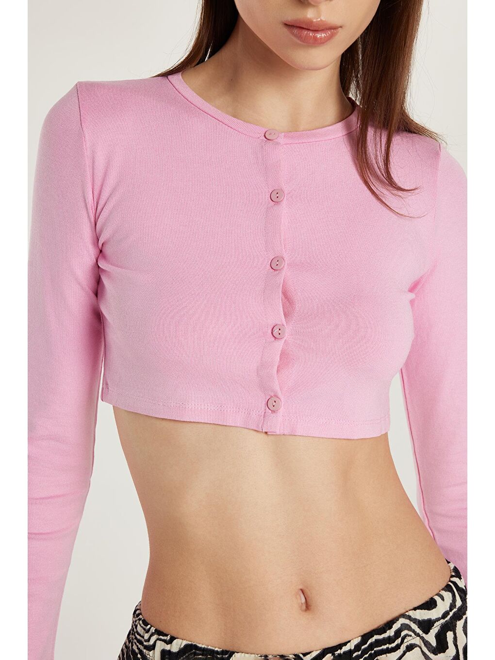 Kadın Slim Fit Dar Kesim Uzun Kollu Bisiklet Yaka Pembe Hırka-2