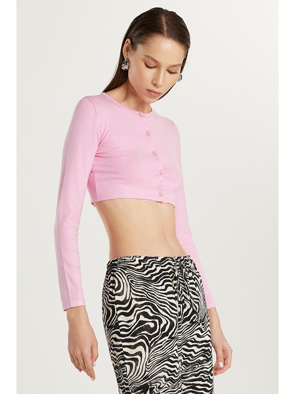 Kadın Slim Fit Dar Kesim Uzun Kollu Bisiklet Yaka Pembe Hırka-3