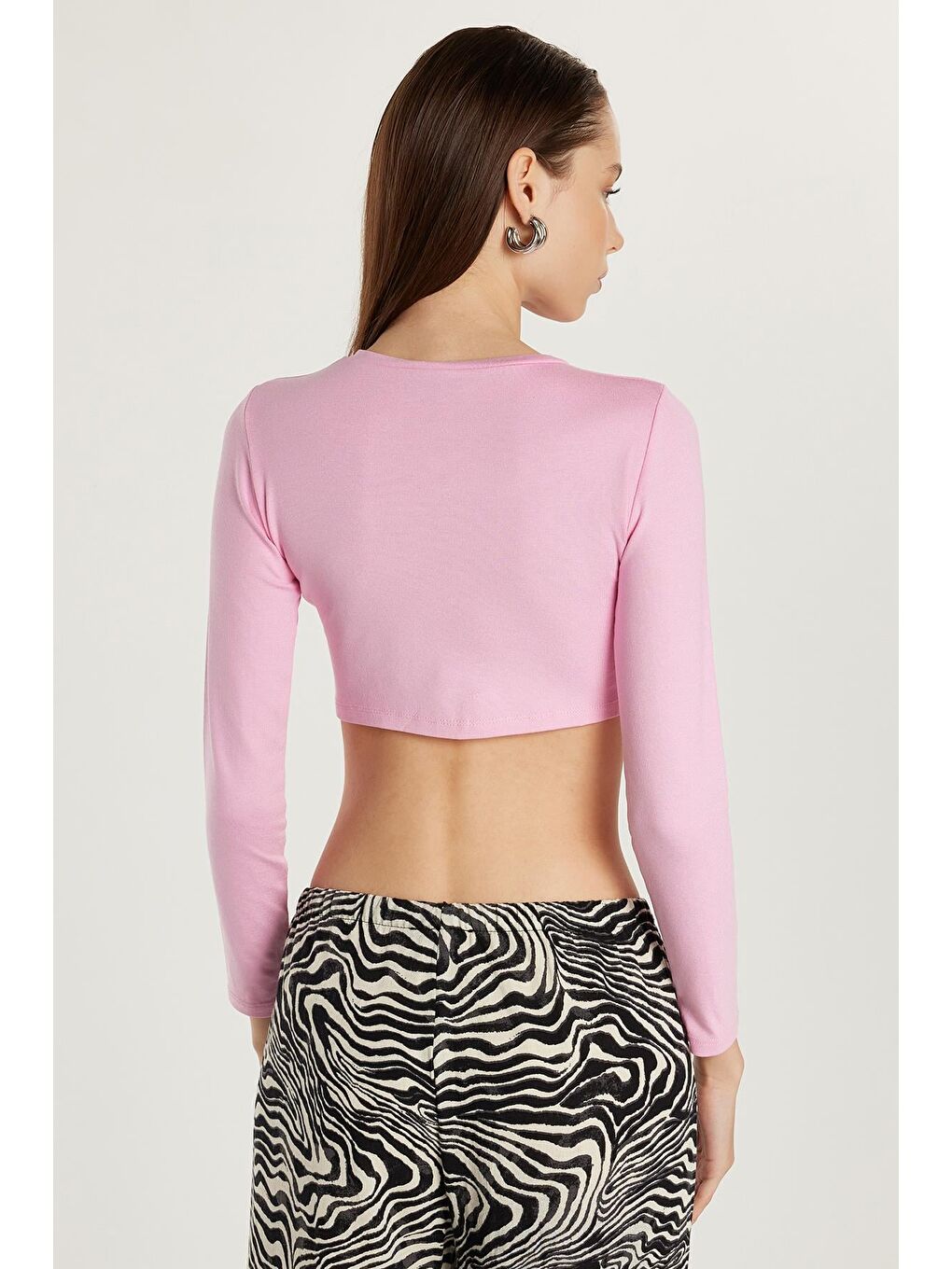 Kadın Slim Fit Dar Kesim Uzun Kollu Bisiklet Yaka Pembe Hırka-4