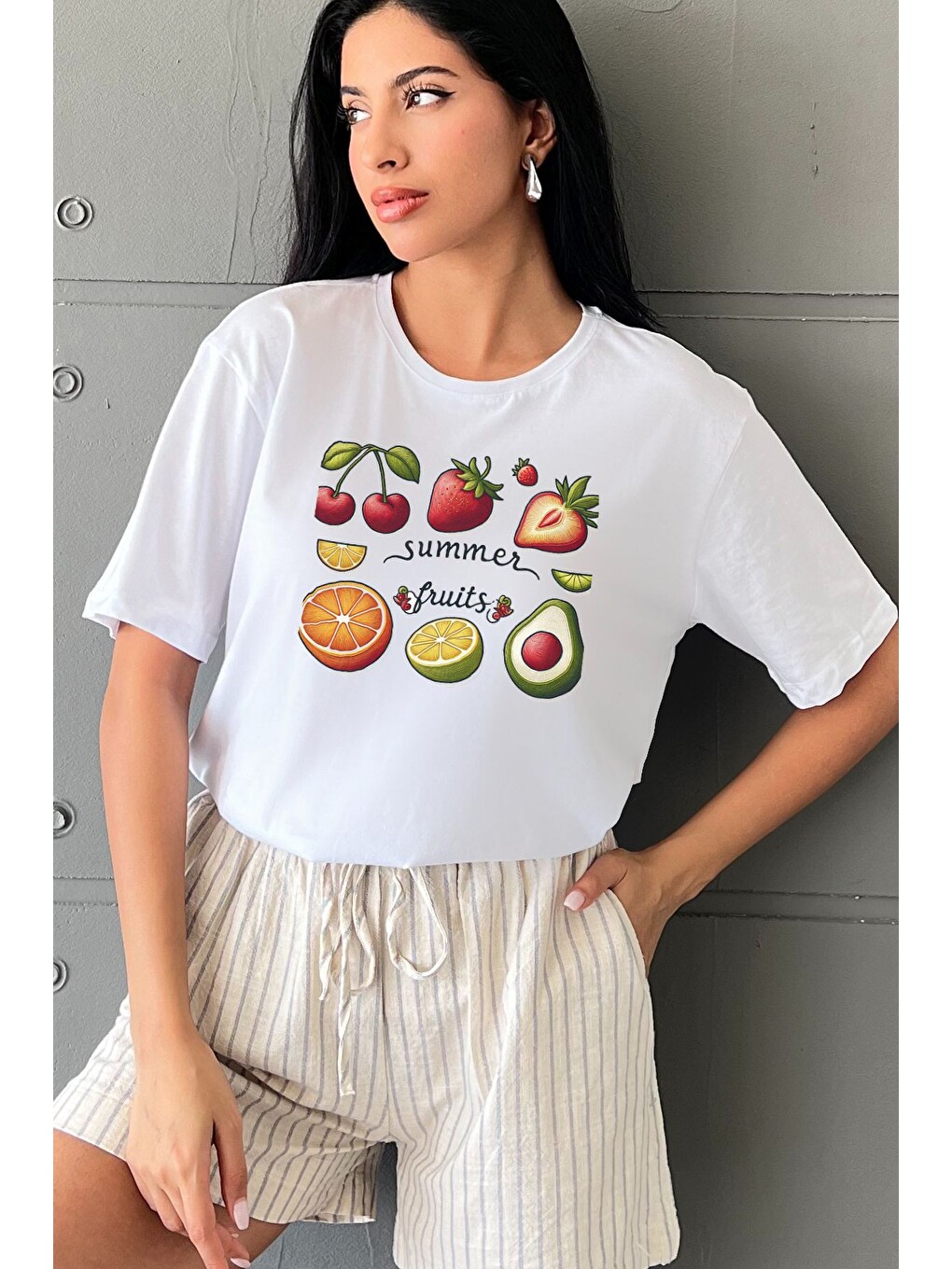 Beyaz yaz meyvesi Baskılı Yapay Zeka Tasarımı Penye Oversize %100 Pamuk Kadın Tişört @BlahxAi