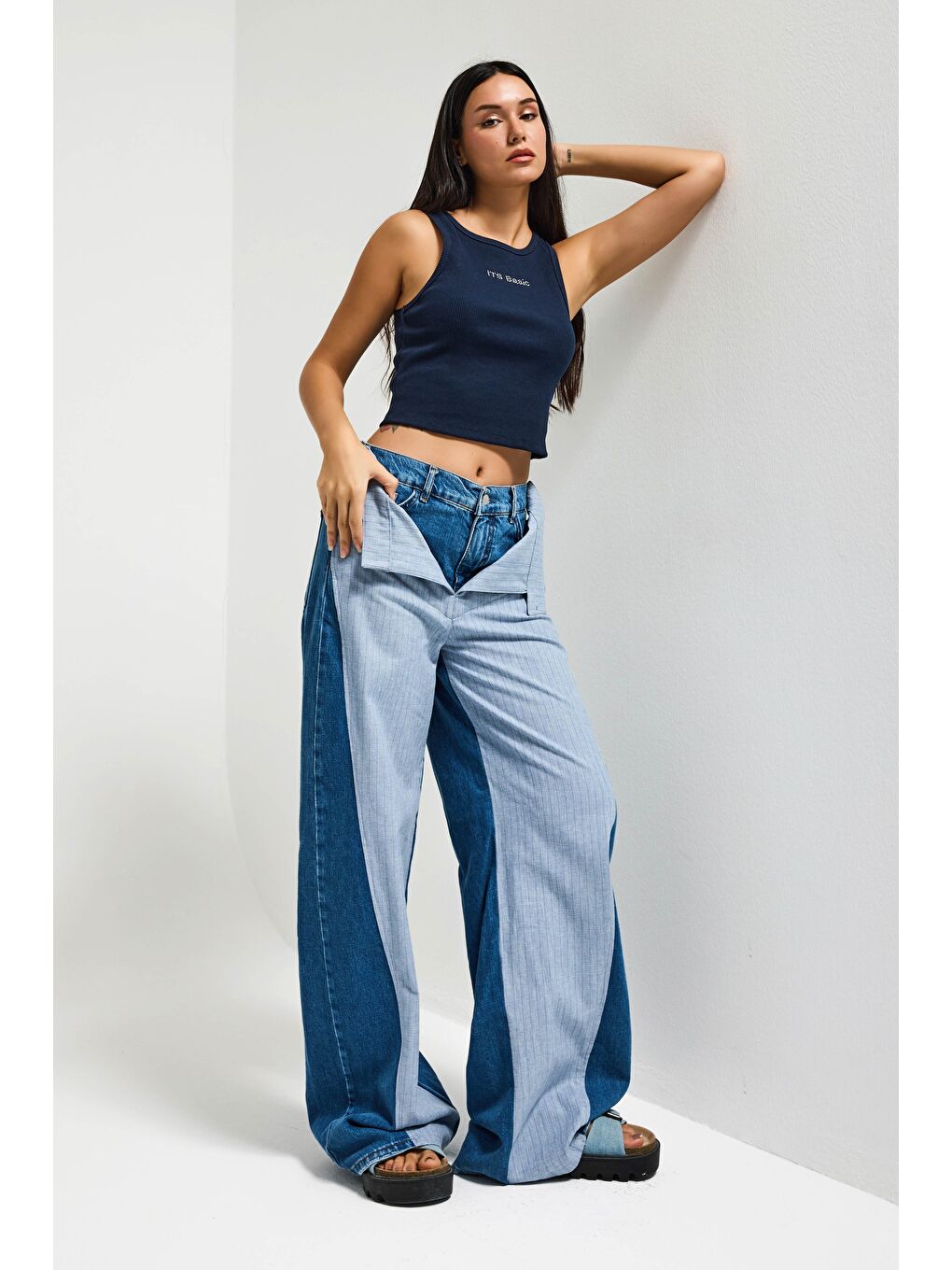 Mavi Kadın Jean Rengi Palazzo Fit Çift Kemer Detaylı Özel Tasarım Denim Jean-1