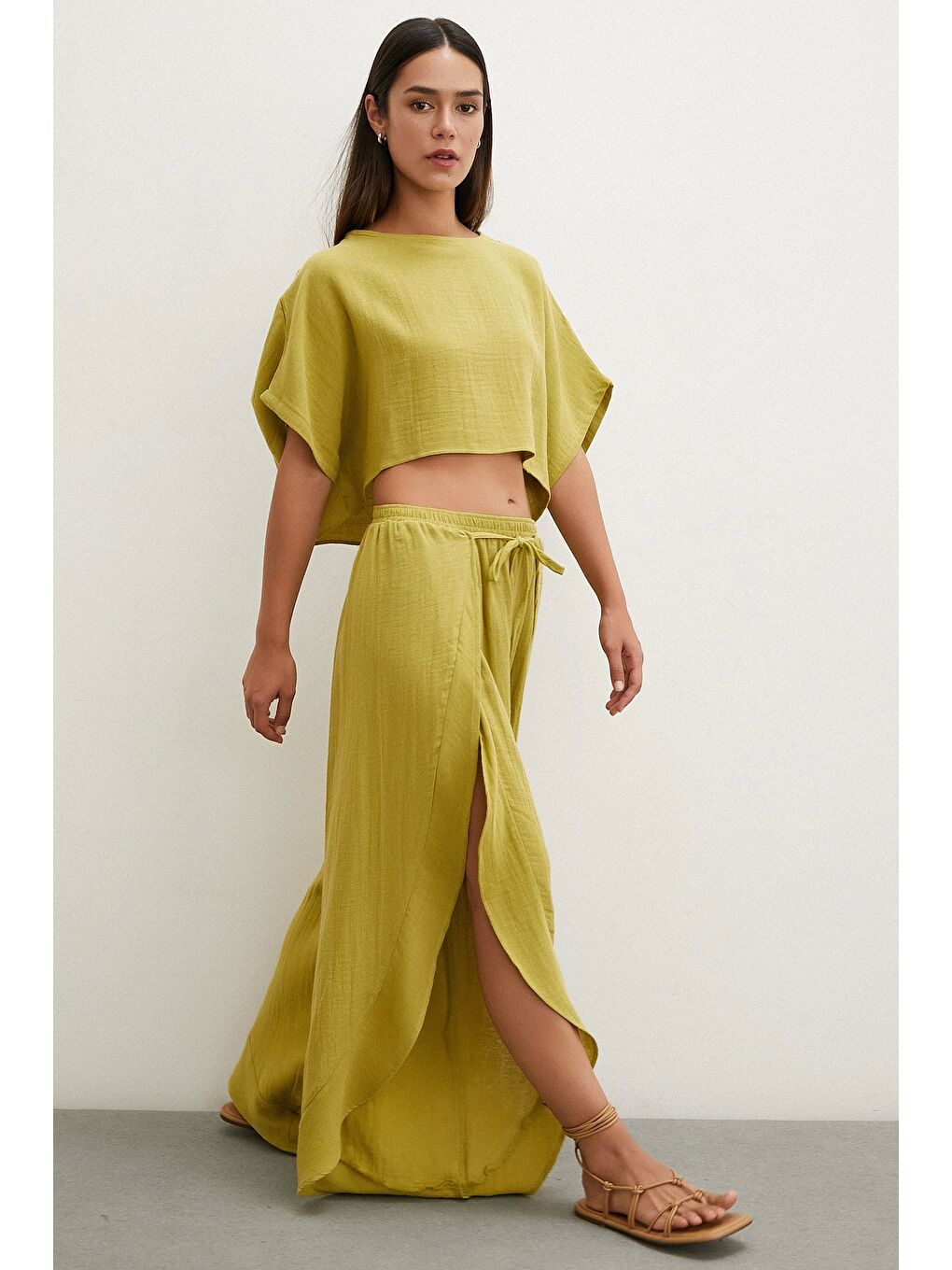 Keten Şalvar Takım Yağ Yeşili