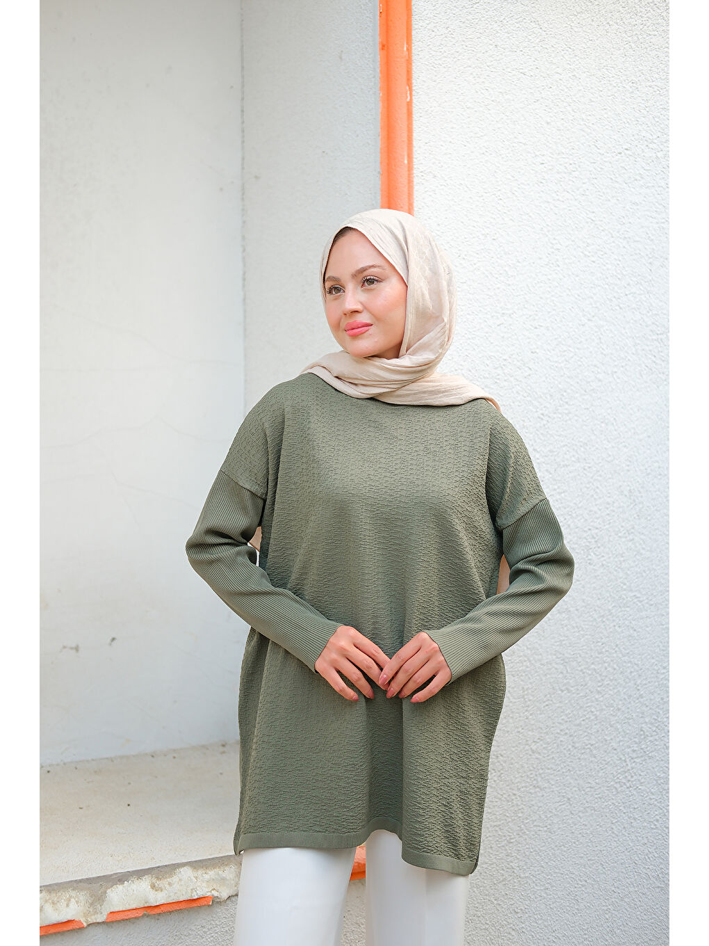 Kadın Kendinden Desenli Tunik Haki Yeşil-1