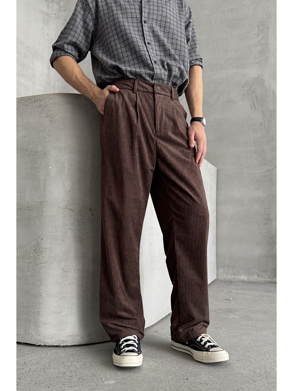 Kahverengi Erkek Pileli Baggy Kalıp Kadife Pantolon