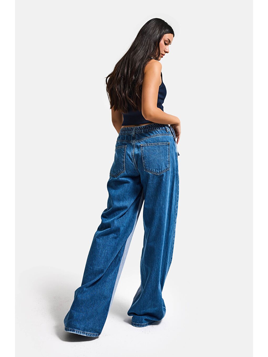 Mavi Kadın Jean Rengi Palazzo Fit Çift Kemer Detaylı Özel Tasarım Denim Jean-5