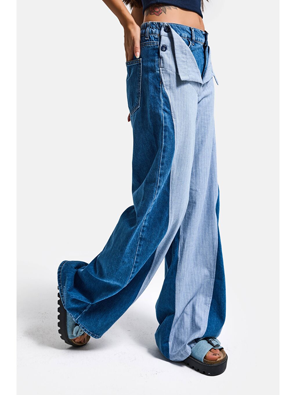 Mavi Kadın Jean Rengi Palazzo Fit Çift Kemer Detaylı Özel Tasarım Denim Jean-6