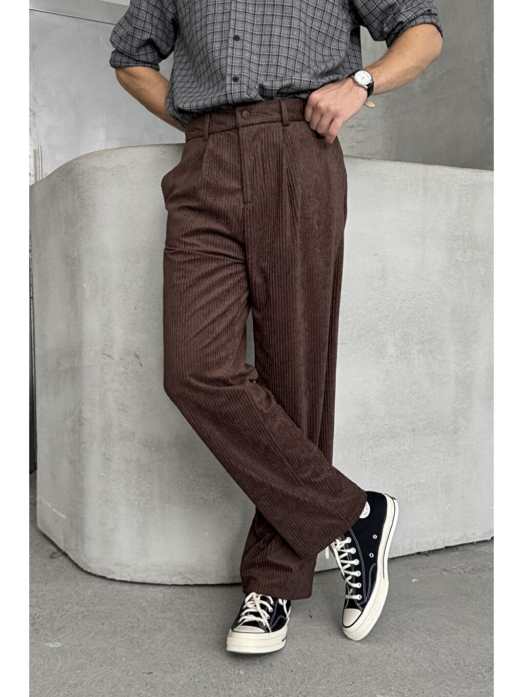 Kahverengi Erkek Pileli Baggy Kalıp Kadife Pantolon-2