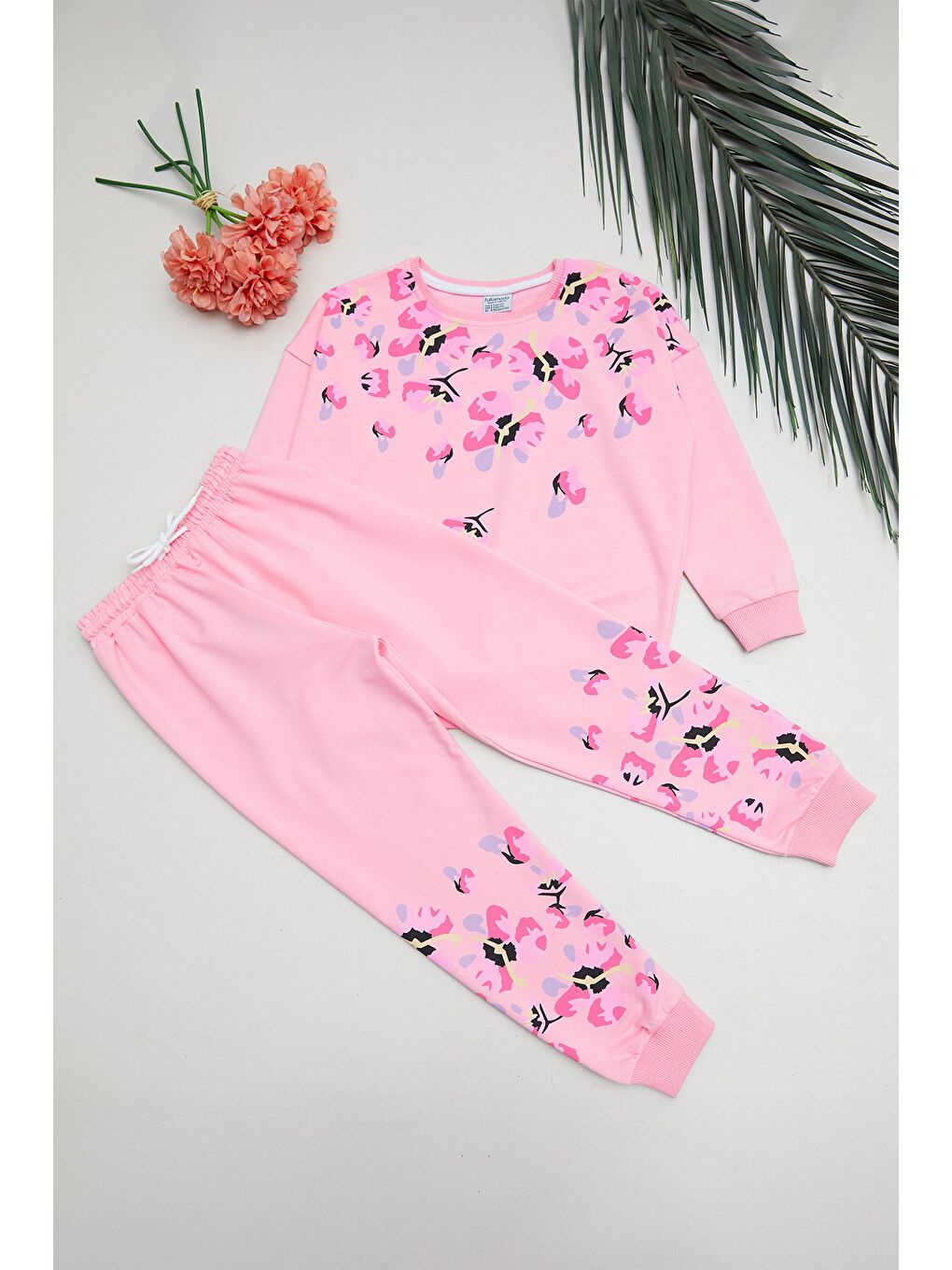 Pembe Çiçek Baskılı Beli Lastikli Kız Çocuk 2 Li Takım