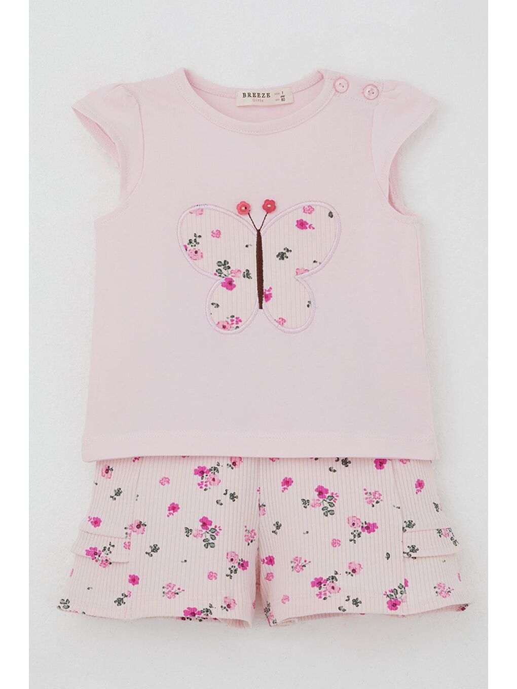 Kız Bebek Şortlu Takım Çiçek Baskılı Kelebek Nakışlı Düğme Aksesuarlı Pembe (6 Ay-2 Yaş)