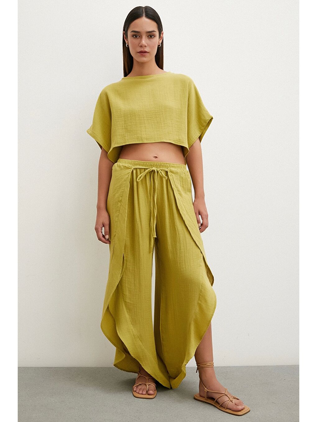 Keten Şalvar Takım Yağ Yeşili-1