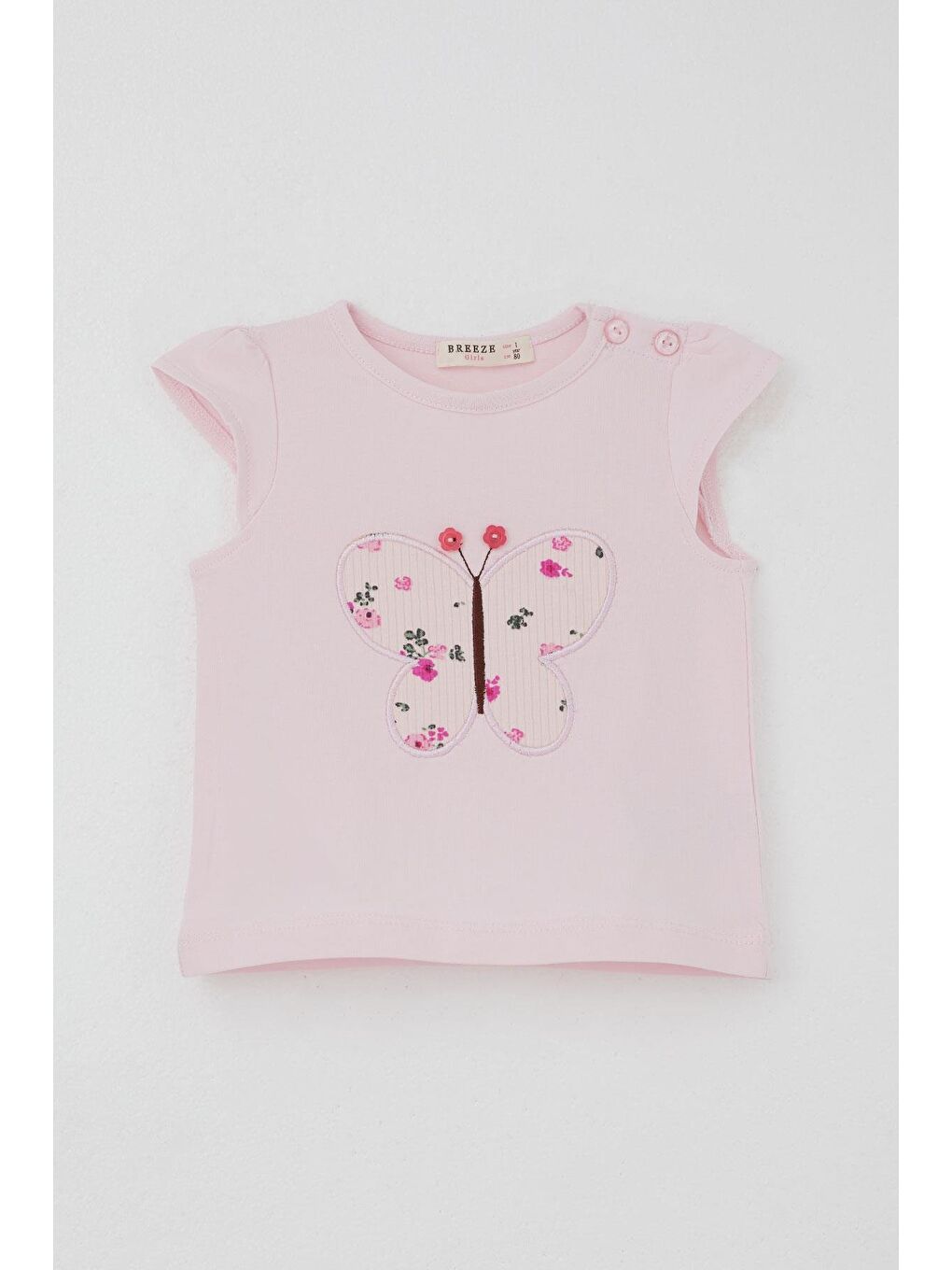 Kız Bebek Şortlu Takım Çiçek Baskılı Kelebek Nakışlı Düğme Aksesuarlı Pembe (6 Ay-2 Yaş)-1