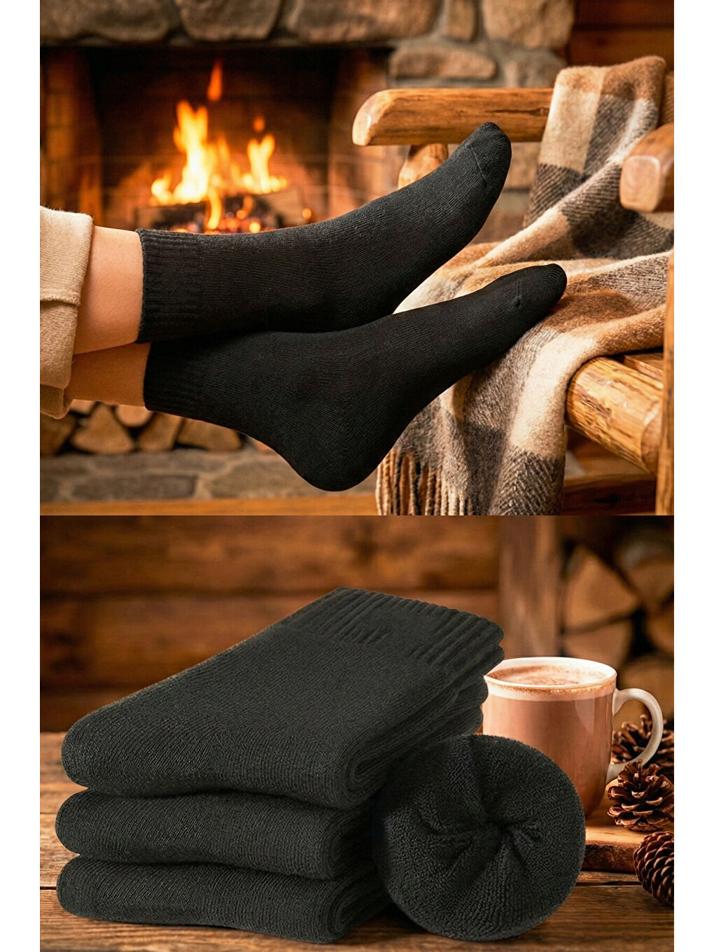 Unisex 3 Çift Siyah Blok Kışlık Havlu Çorap