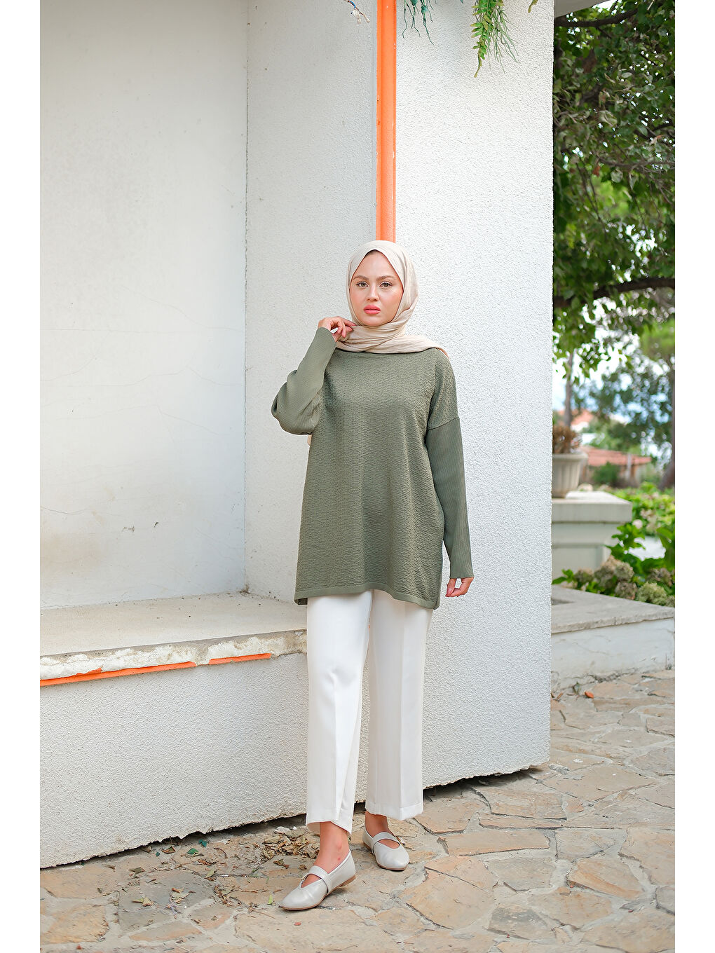 Kadın Kendinden Desenli Tunik Haki Yeşil-2