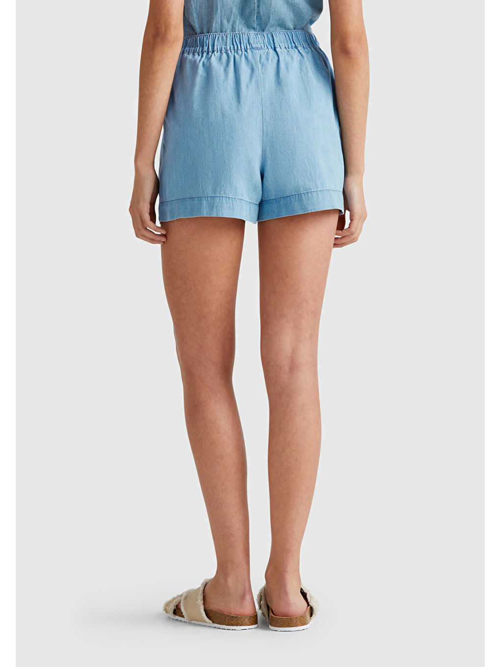 Kadın Açık Mavi %100 Pamuk Beli Lastikli Şamre Mini Şort-2