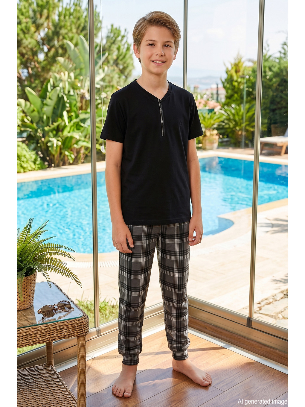 Genç Erkek Çocuk Kısa Kol Şortlu Pijama Takımı 4377 Siyah-3