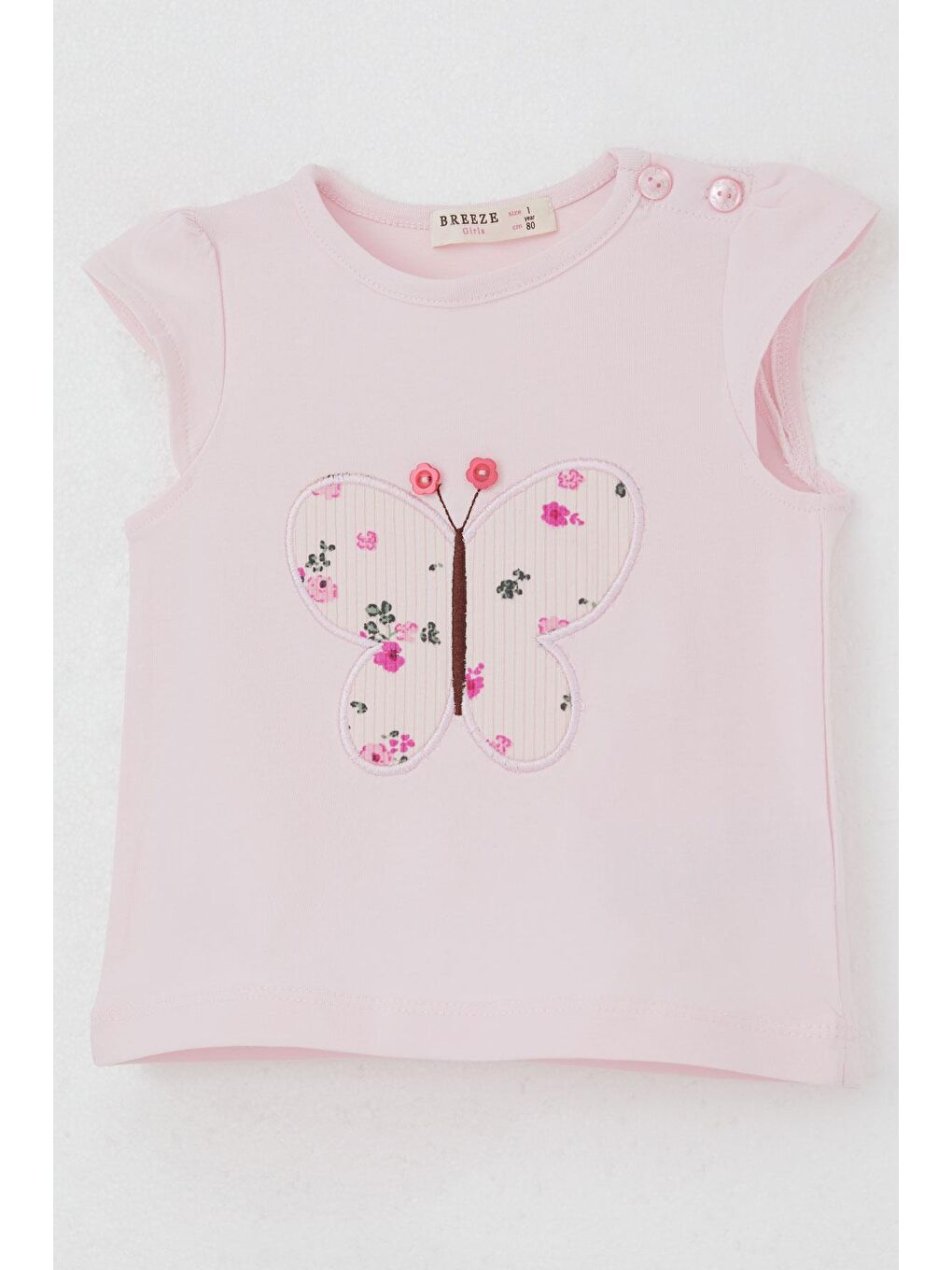 Kız Bebek Şortlu Takım Çiçek Baskılı Kelebek Nakışlı Düğme Aksesuarlı Pembe (6 Ay-2 Yaş)-5