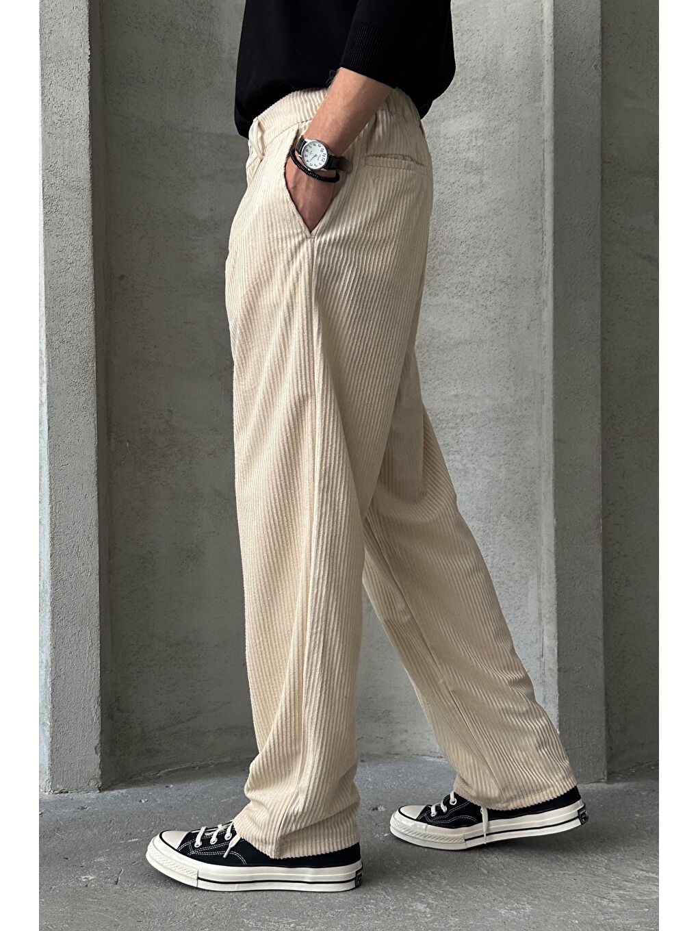 Ekru Erkek Pileli Baggy Kalıp Kadife Pantolon-3