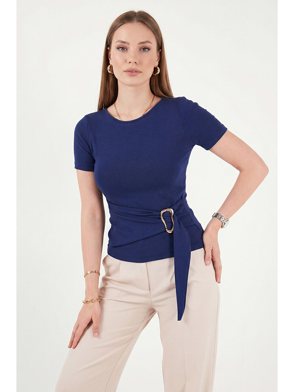 Lacivert Toka Detaylı Fitted Fit Kayık Yaka Bluz 5862707-2