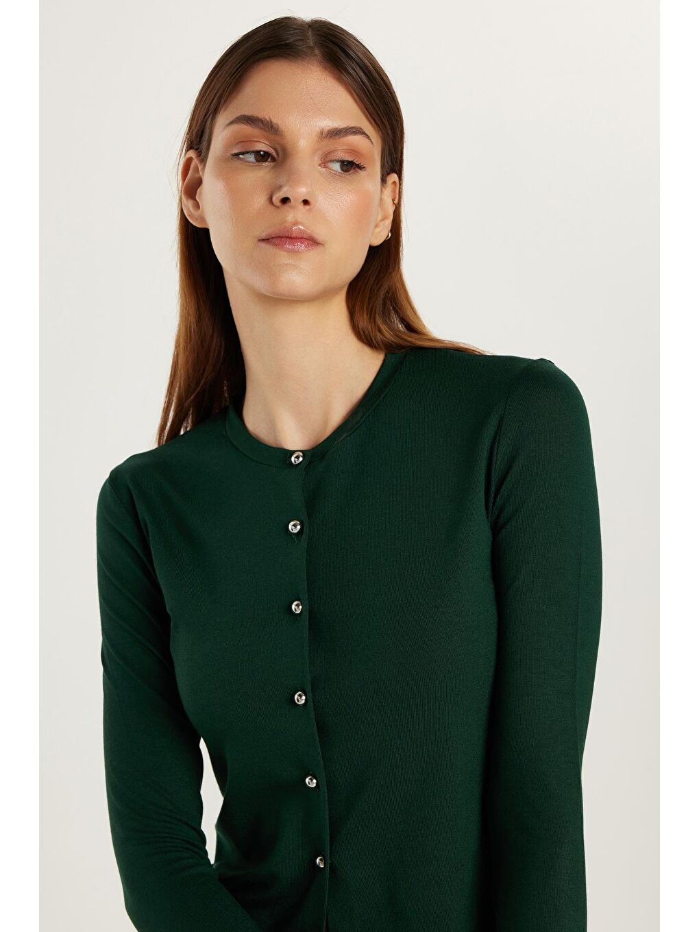 Kadın Standart Fit Normal Kesim Bisiklet Yaka Yeşil Hırka-1