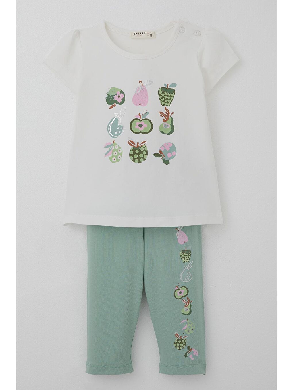 Kız Çocuk Kapri Taytlı Takım Sevimli Meyveler Baskılı Ekru (1.5-4 Yaş)