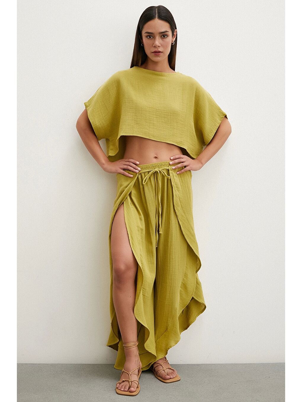 Keten Şalvar Takım Yağ Yeşili-2