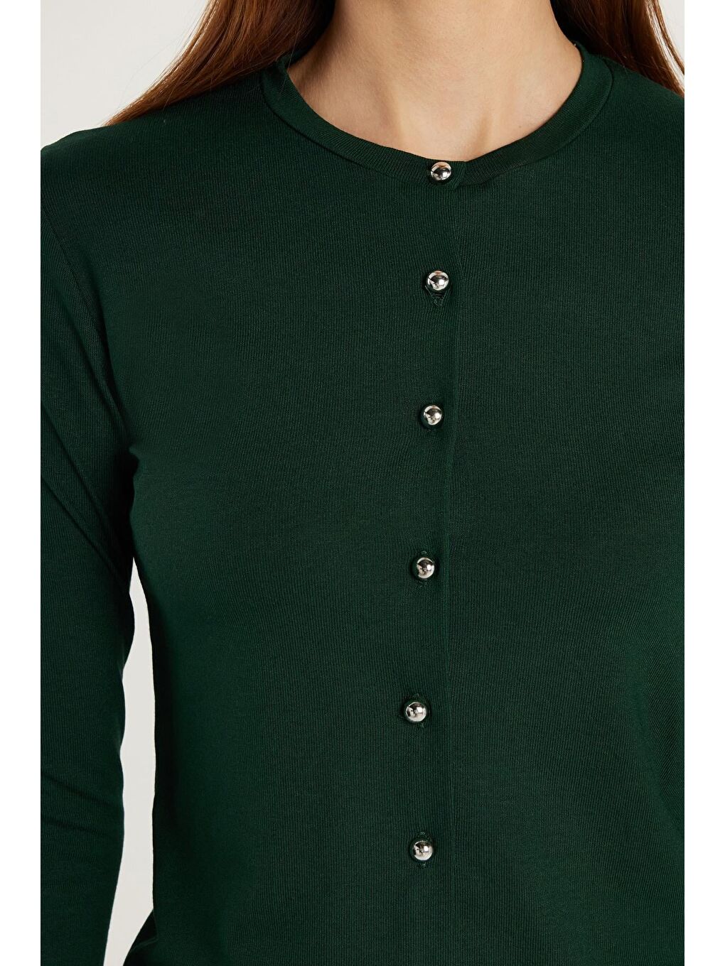 Kadın Standart Fit Normal Kesim Bisiklet Yaka Yeşil Hırka-2