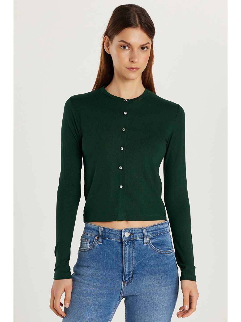 Kadın Standart Fit Normal Kesim Bisiklet Yaka Yeşil Hırka-3