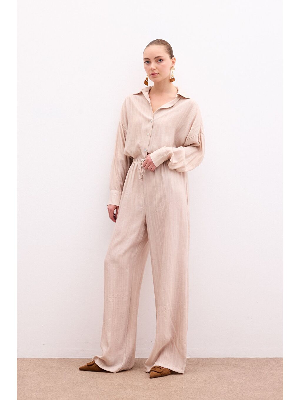 Bel Lastikli Pantolon - Bej-1