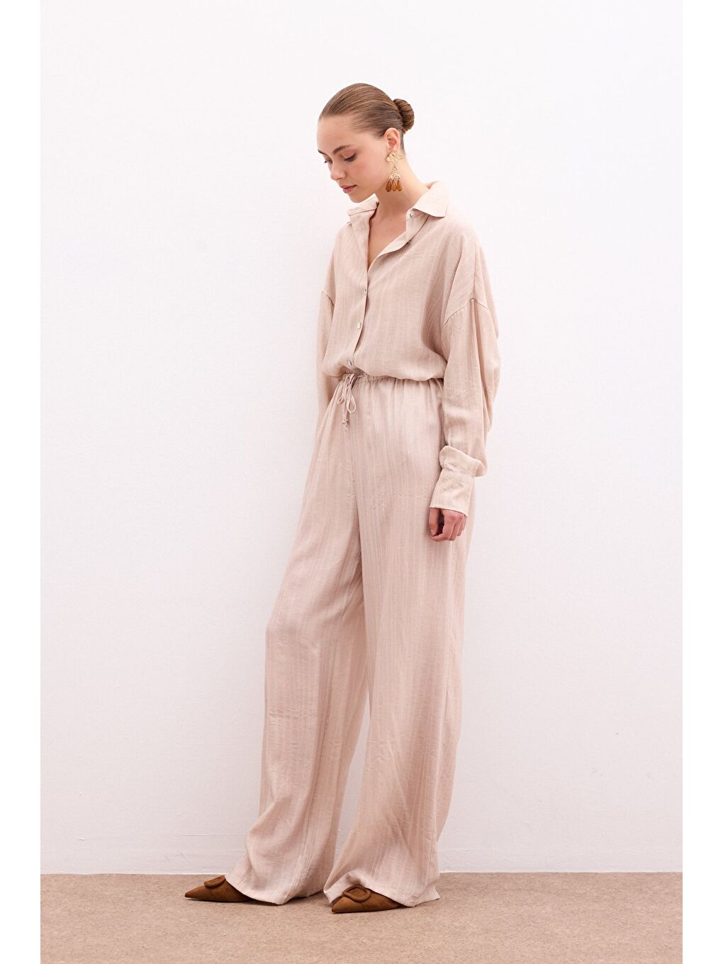 Bel Lastikli Pantolon - Bej-2