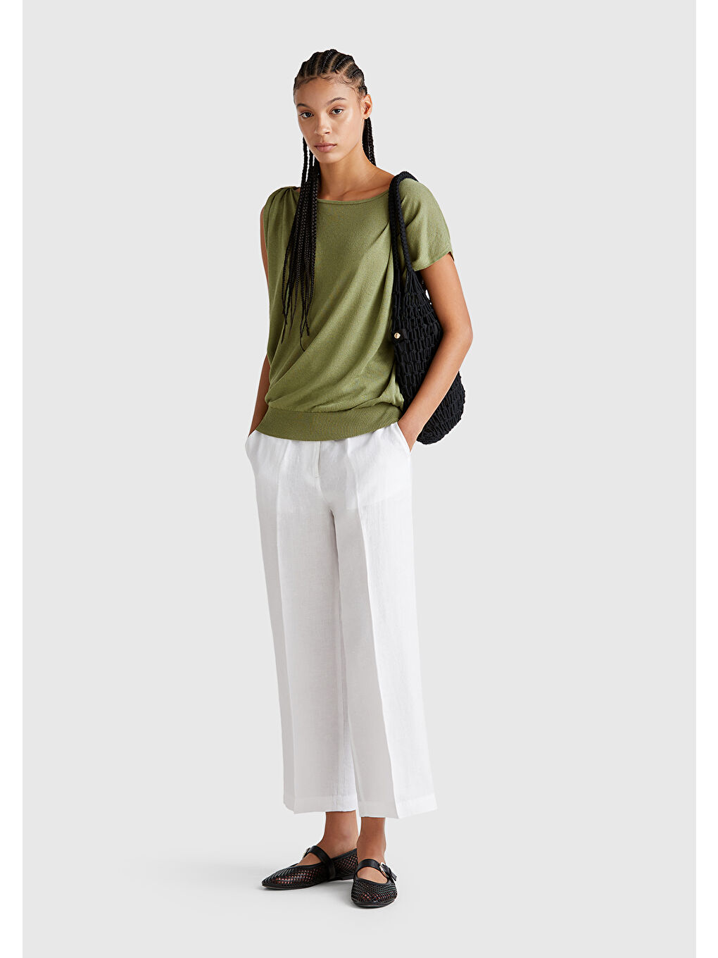 Gri Kadın Adaçayı yeşili Keten Karışımlı Asimetrik Kolsuz Kazak-4