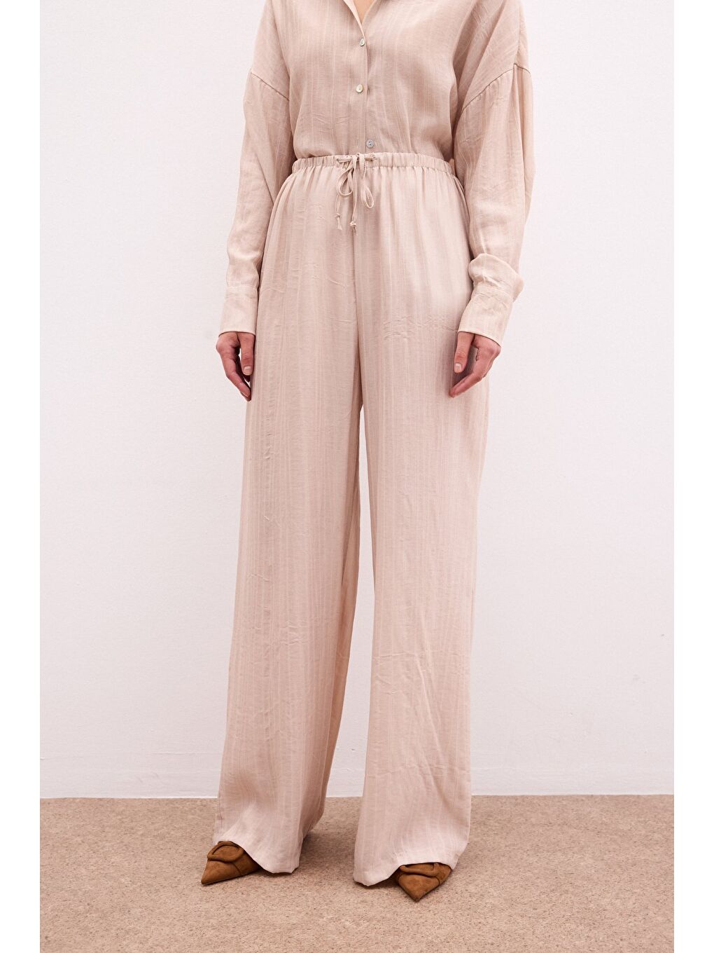 Bel Lastikli Pantolon - Bej-4