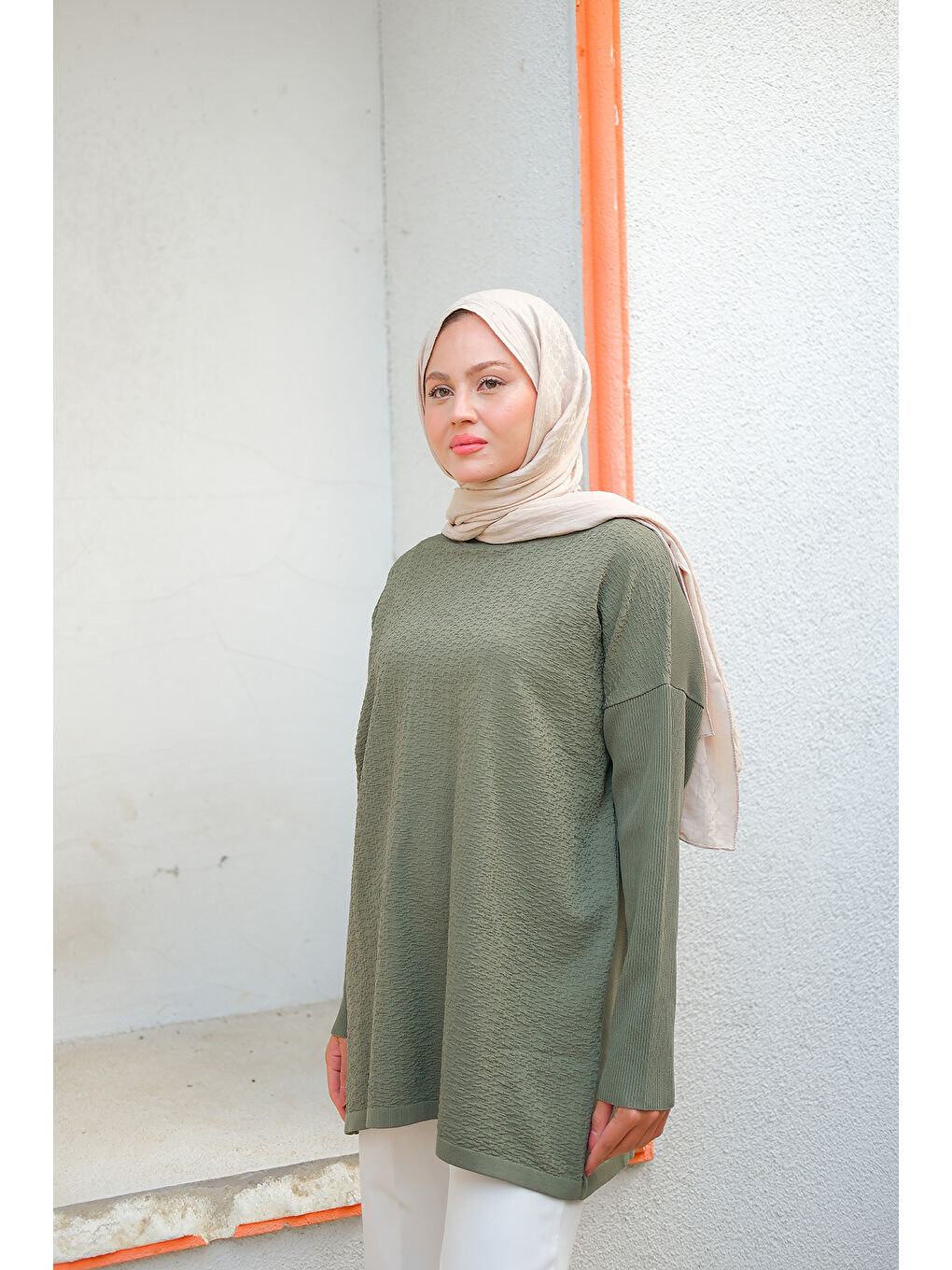 Kadın Kendinden Desenli Tunik Haki Yeşil-3