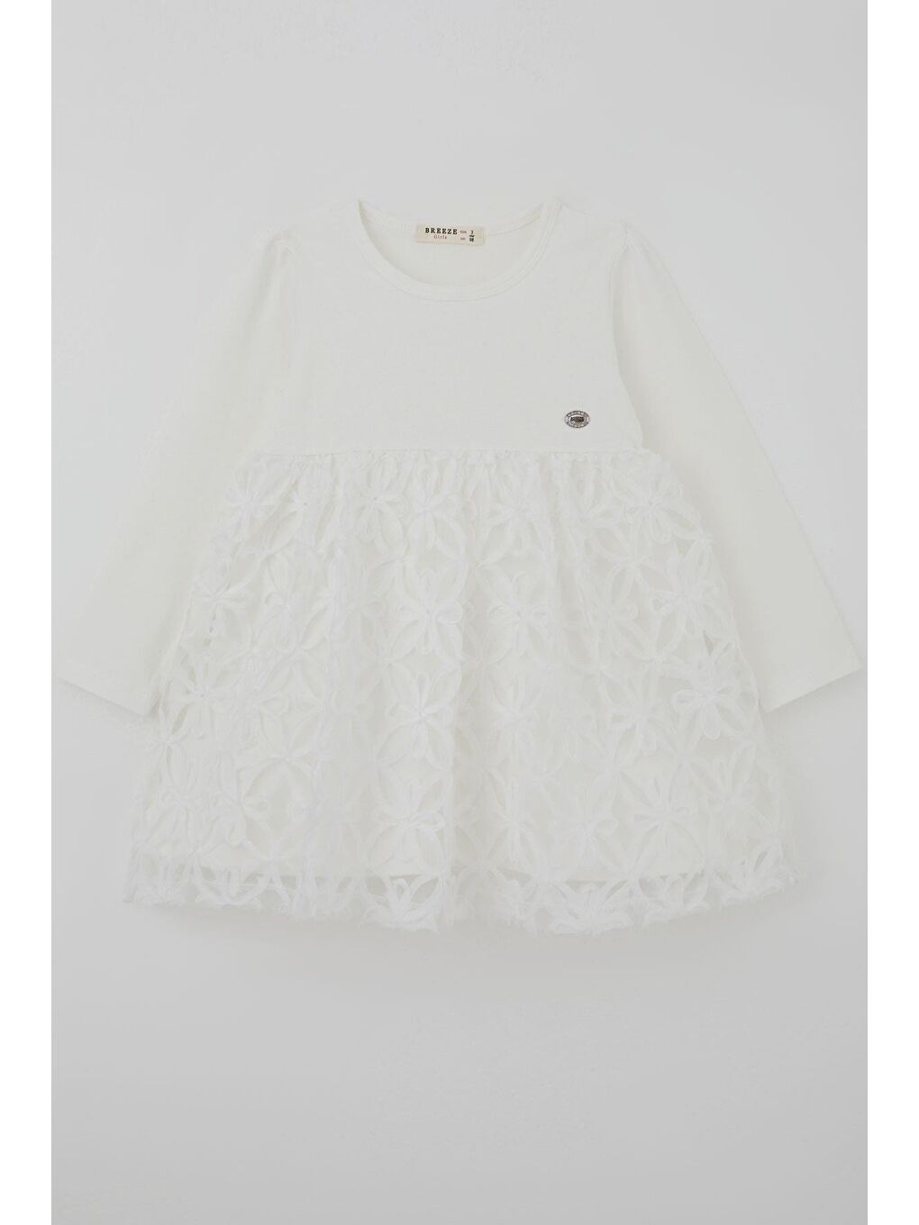 Kız Çocuk Uzun Kollu Elbise Etek Kısmı Organze Kabartmalı Çiçek Tül Detaylı Ekru (3-8 Yaş)-2