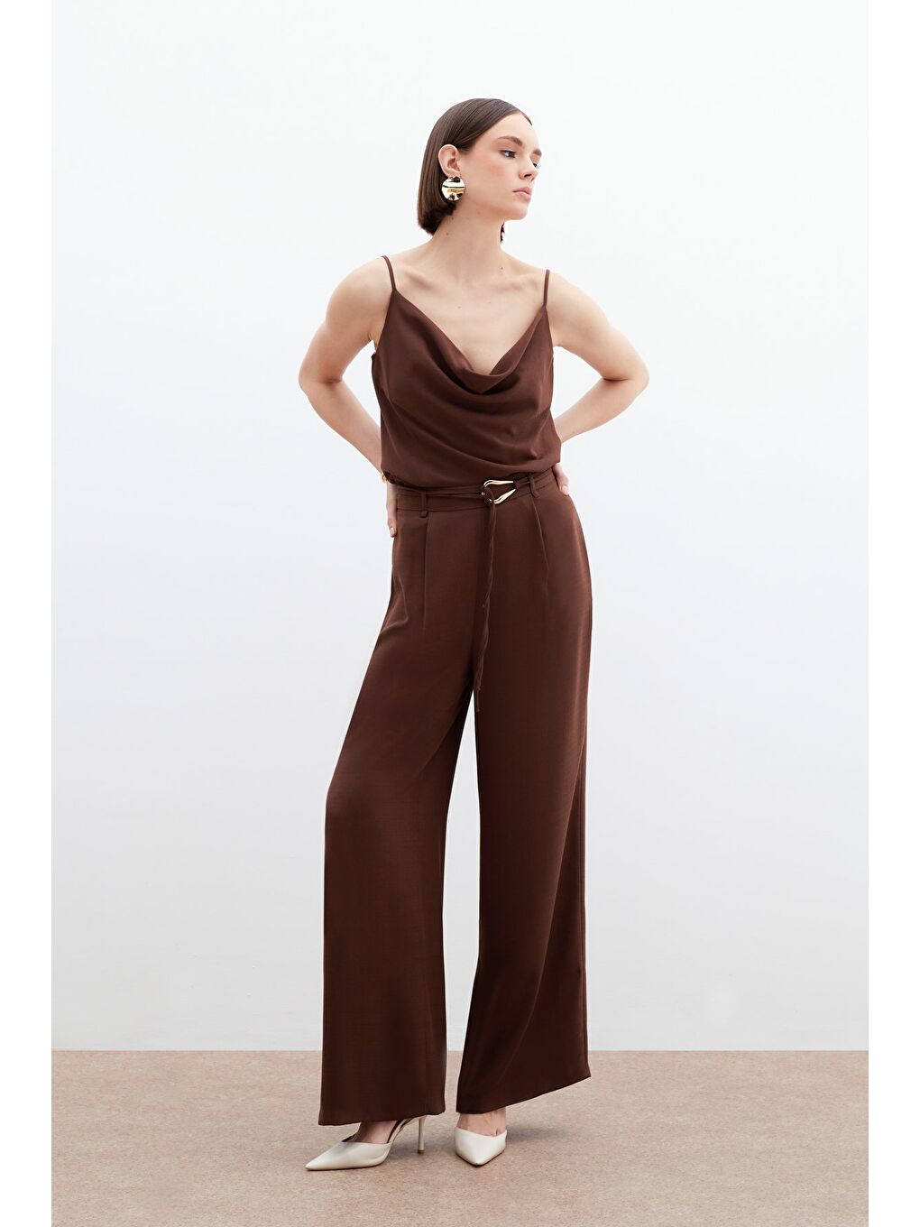 Kahverengi Kemerli Salaş Pantolon - Kahve-2