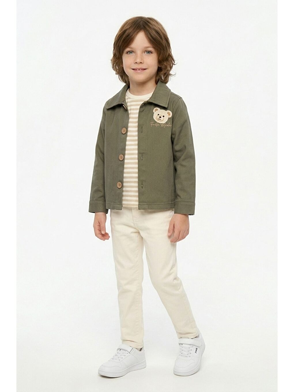 Haki %100 Pamuk Ayıcık Baskılı Çizgili Erkek Çocuk 2 Li Takım-1