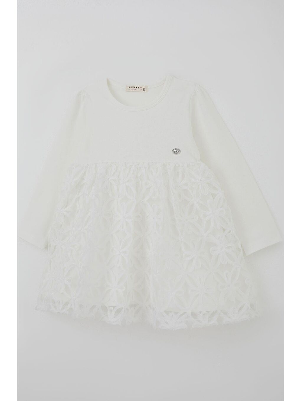 Kız Çocuk Uzun Kollu Elbise Etek Kısmı Organze Kabartmalı Çiçek Tül Detaylı Ekru (3-8 Yaş)-4