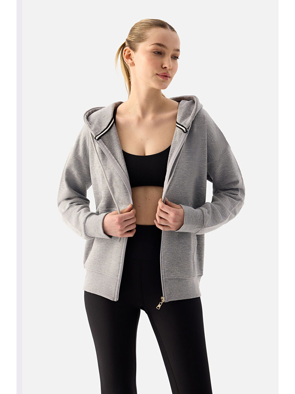 Luna Fermuarlı Kapüşonlu Gri Melanj Sweatshirt-1