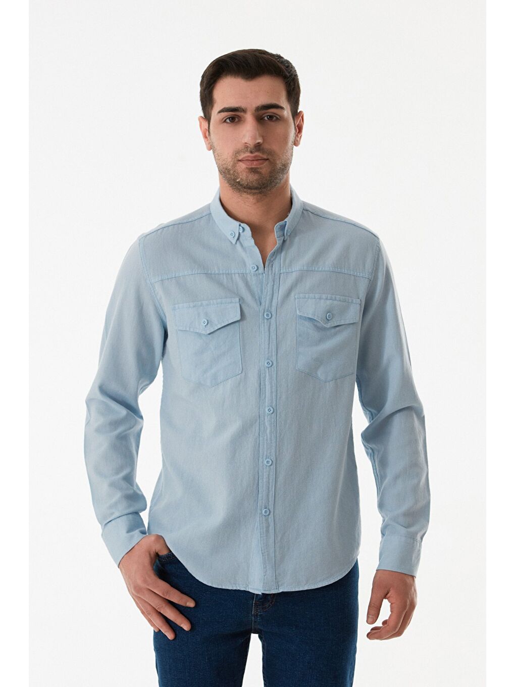 Mavi Çift Cepli Düğmeli Gömlek