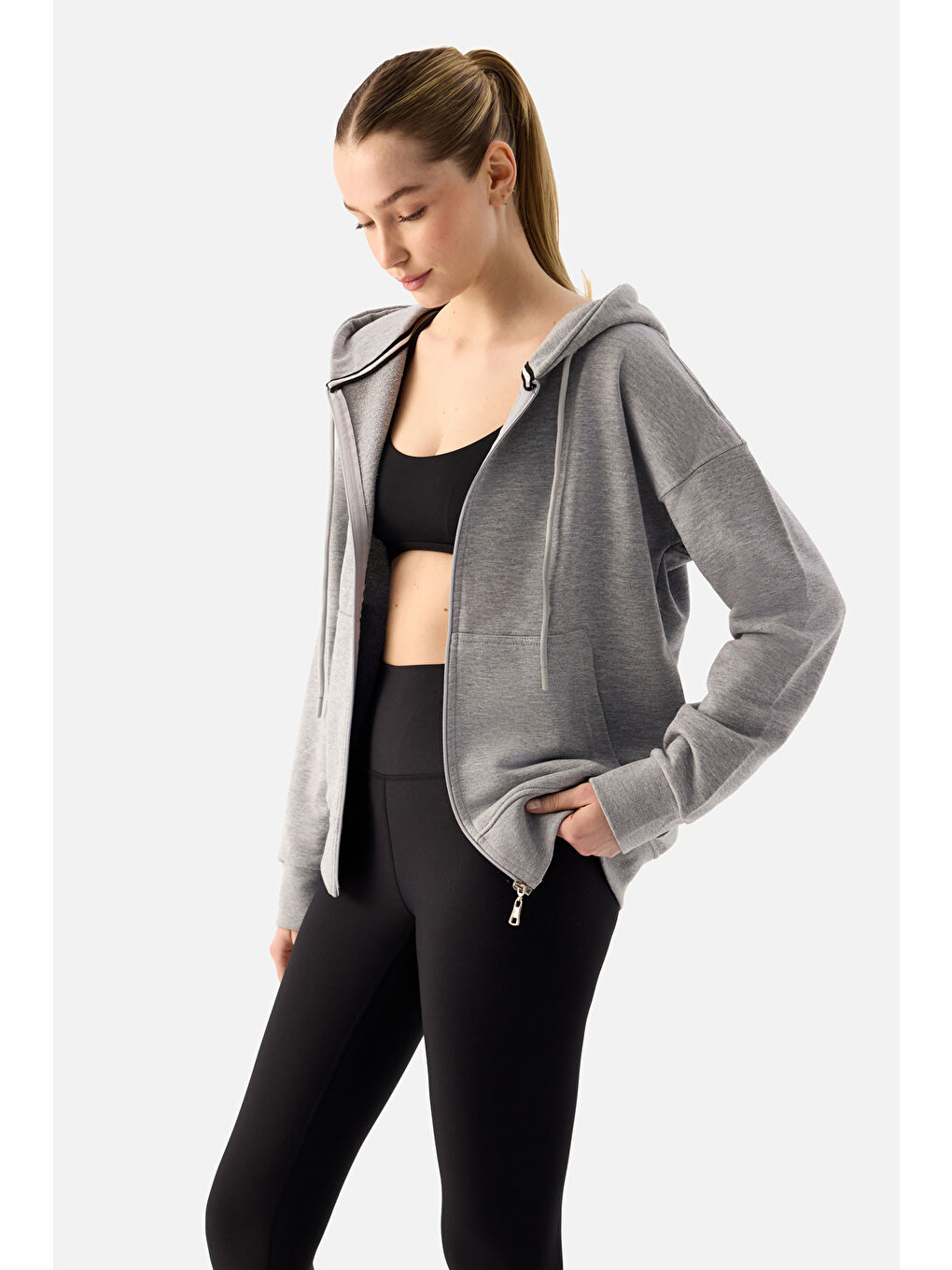 Luna Fermuarlı Kapüşonlu Gri Melanj Sweatshirt-2