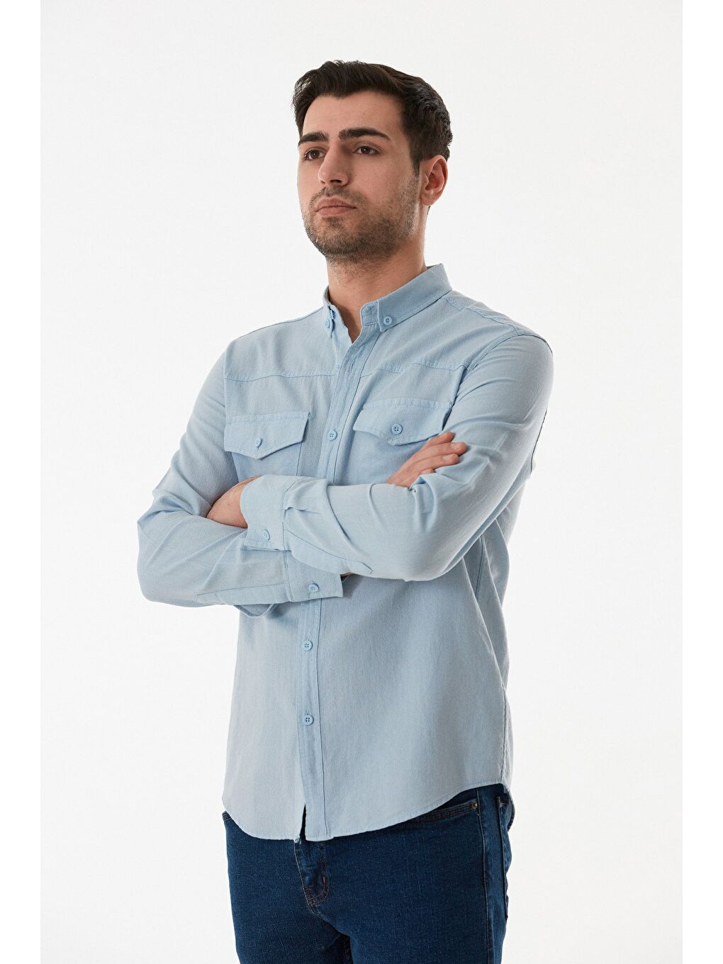Mavi Çift Cepli Düğmeli Gömlek-1