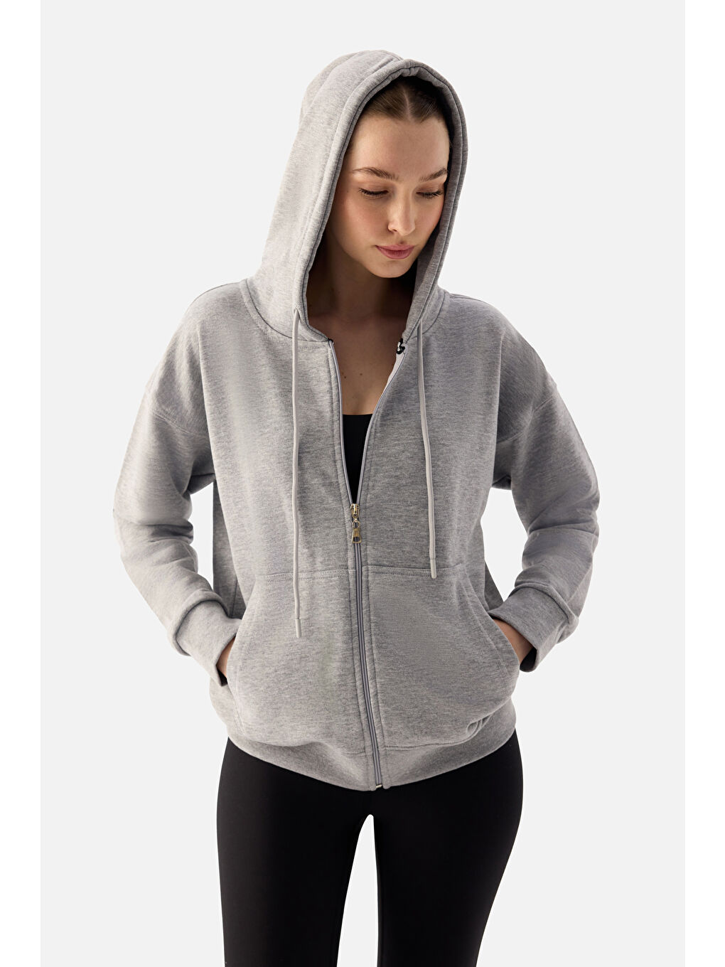 Luna Fermuarlı Kapüşonlu Gri Melanj Sweatshirt-4