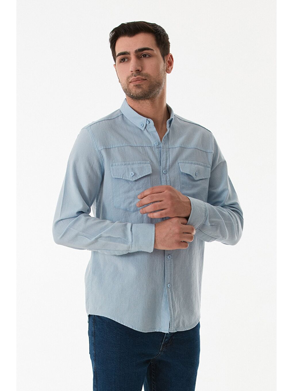 Mavi Çift Cepli Düğmeli Gömlek-3