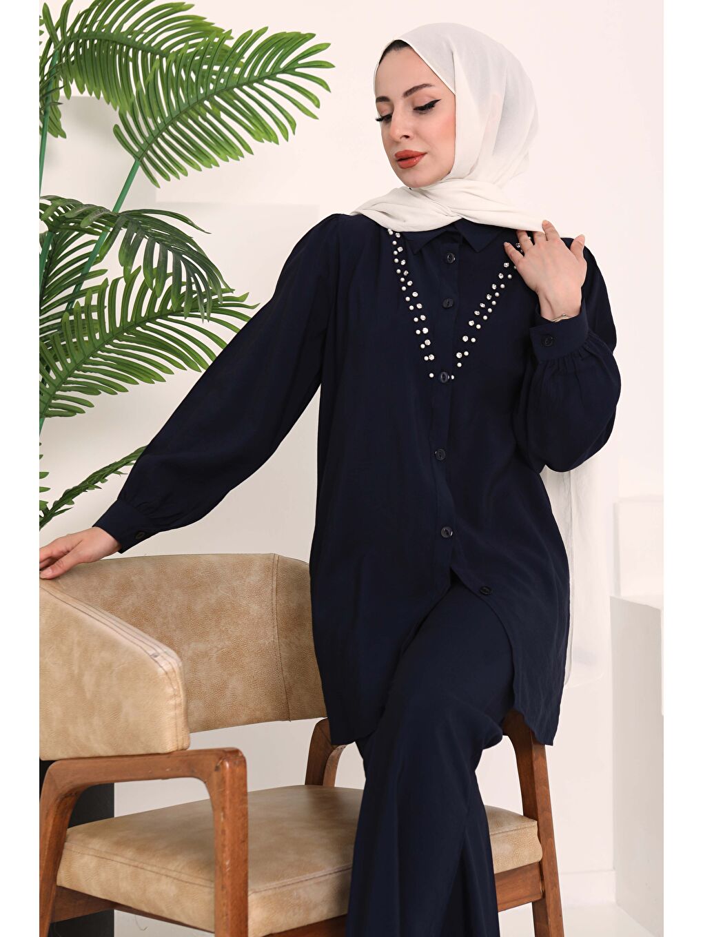 Modal Taşlı İkili Takım Lacivert - 27019-1