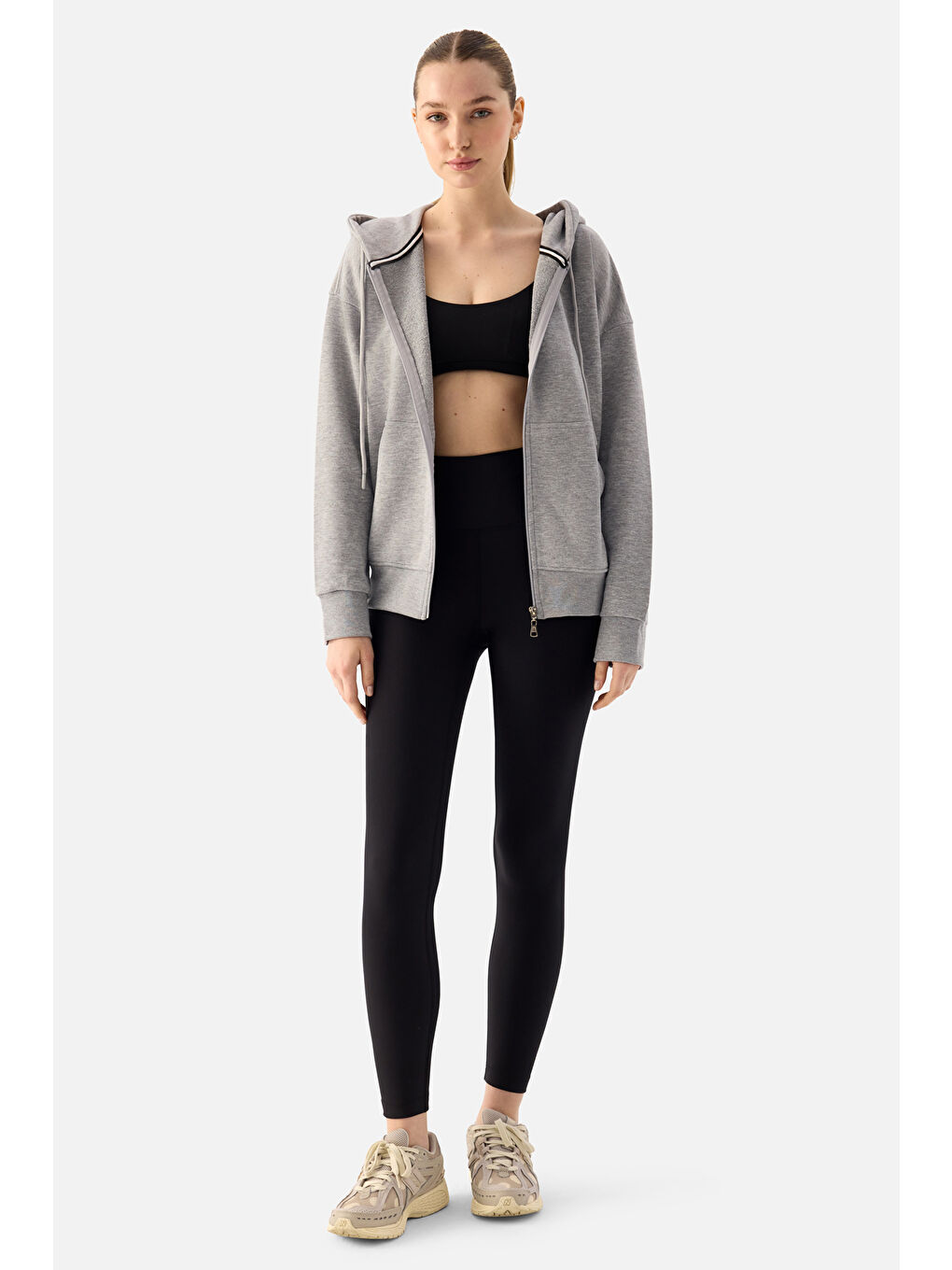 Luna Fermuarlı Kapüşonlu Gri Melanj Sweatshirt-5