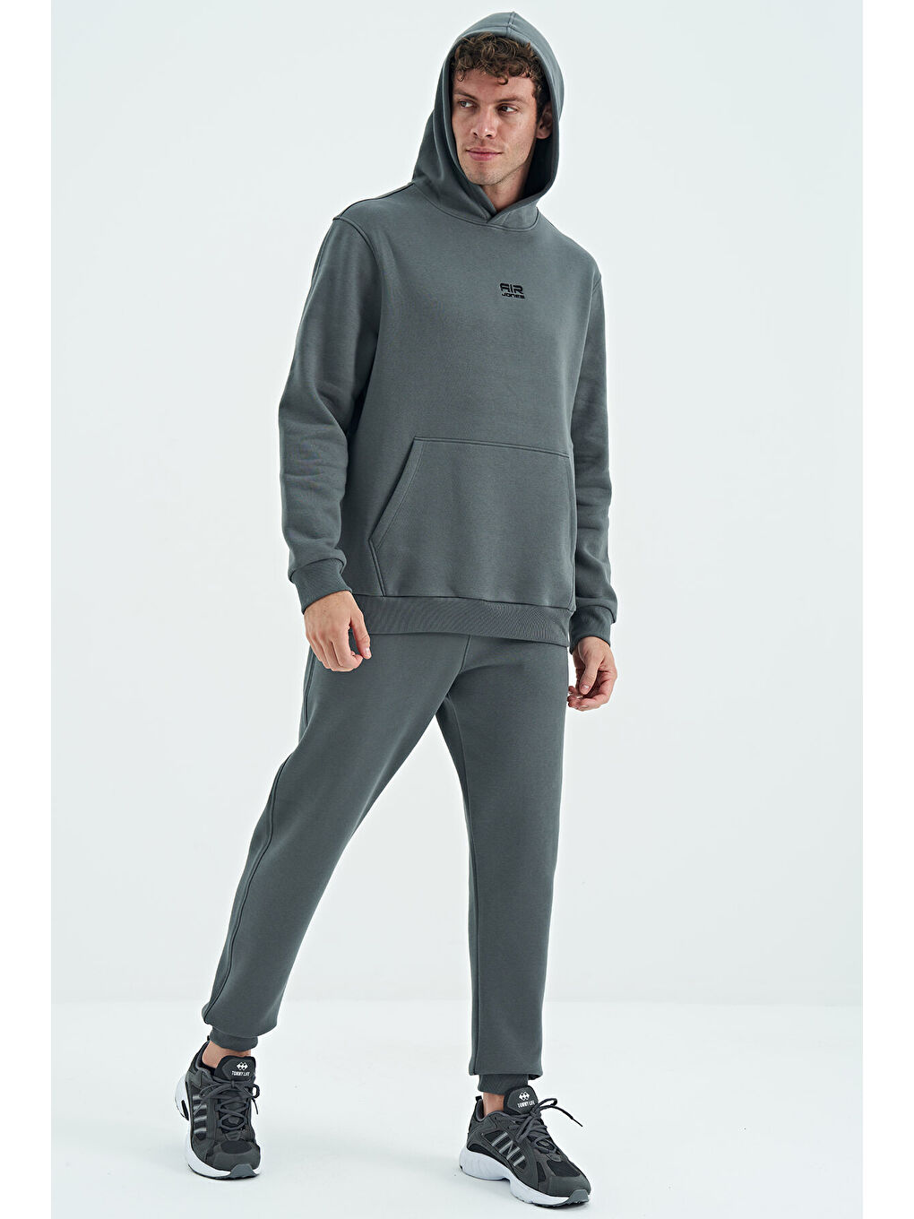 David Haki Kapüşonlu Rahat Kalıp Şardonlu Jogger Erkek Eşofman Takım - 85192-2