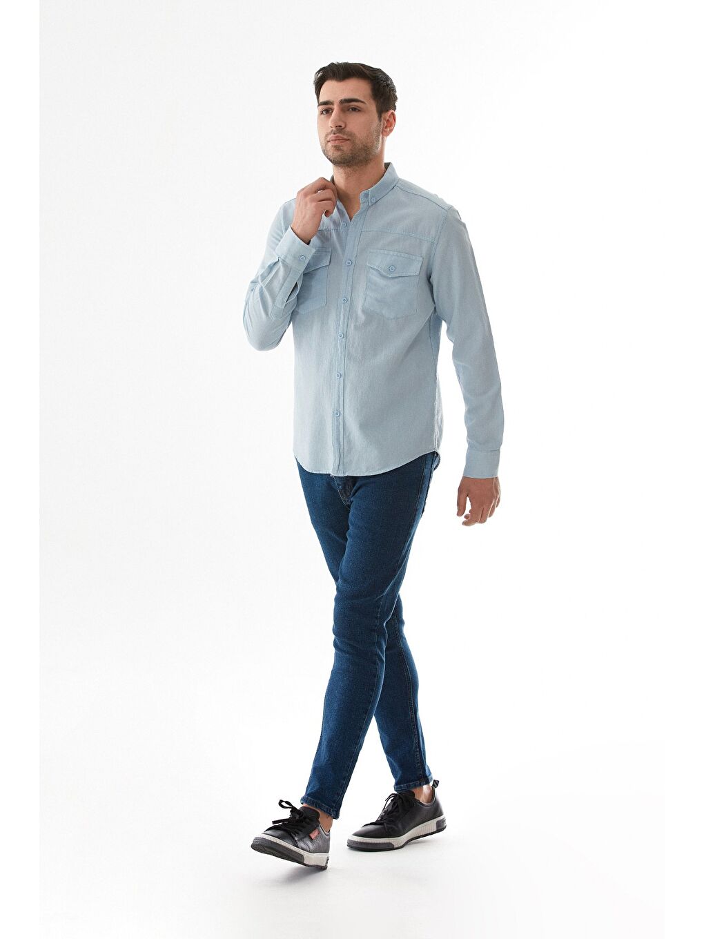 Mavi Çift Cepli Düğmeli Gömlek-4